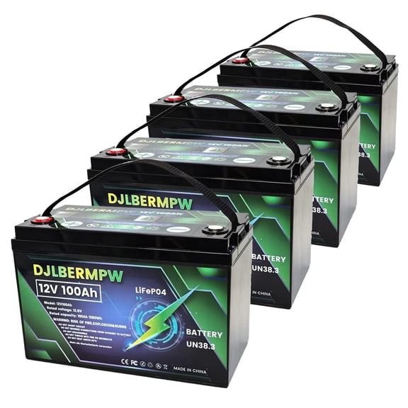 4Pack 12V 100Ah LiFePO4 Lithium Battery, DJLBERMPW 15000+ Deep Cycle Battery 100A BMS for 3HP Golf Cart, Marine, Backup Power, Solar System
