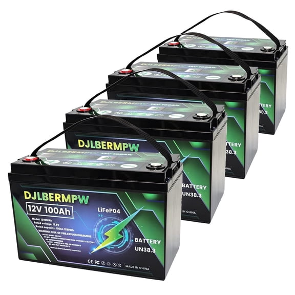 4Pack 12V 100Ah LiFePO4 Lithium Battery, DJLBERMPW 15000+ Deep Cycle Battery 100A BMS for 3HP Golf Cart, Marine, Backup Power, Solar System