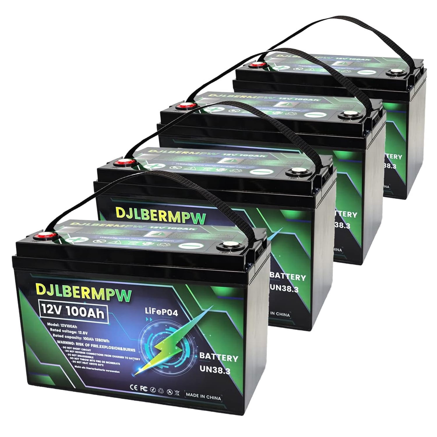 4Pack 12V 100Ah LiFePO4 Lithium Battery, DJLBERMPW Deep Cycle Battery BMS for Golf Cart, Marine.