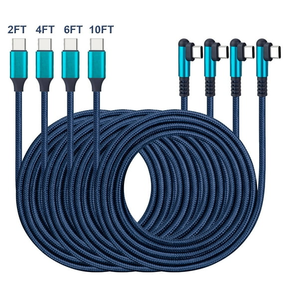 4Pack [2/4/6/10FT] USB-C to USB-C Right Angle PD Charge Cable, 60W Type C Charger Cord Compatible for iPhone 15/16 Series, Galaxy S22 S21 S20 Note 20/10, Pixel 7 6 Pro 5 4 3 2 & USB-C Laptop Tablet