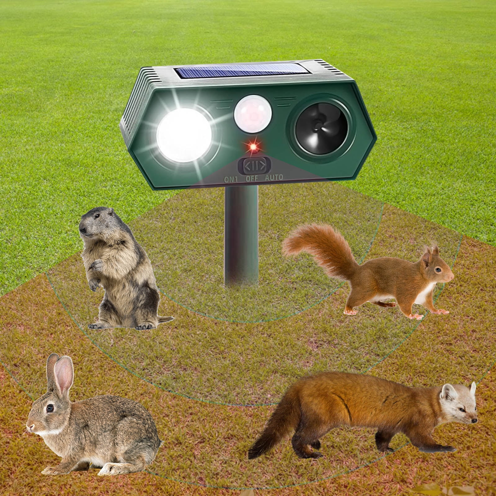 Solar Ultrasonic Animal Repellent - 4 Pack, Motion Activated, Weatherproof, For Deer, Cats, Squirrels, Skunks, Rabbits & Birds