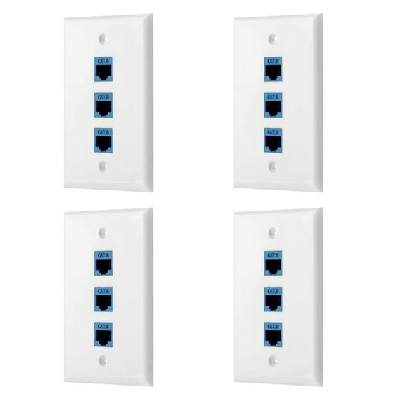4Pack 3-Port Ethernet Wall Plate, RJ45 Wall Plate with RJ45 Inline Coupler Insert,Cat6 Jack Wall Plate,4 * 3 Port Ethernet Wall Plate 12 * RJ45 Inline Coupler insert 8 * screws,white&blue