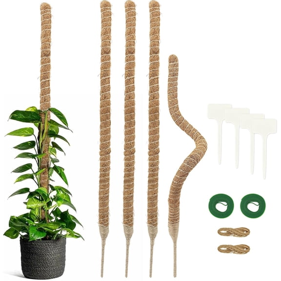 4Pack 30 Inch Moss Pole, Bendable Moss Pole for Plants Monstera Coco Coir Plant Support Pole for Small Climbing Plants Grow Up, Brown