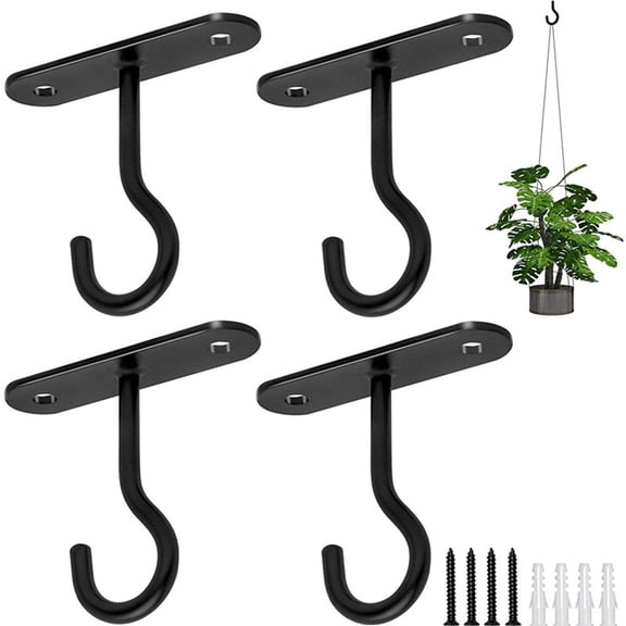 4Pack 4in Ceiling Hooks for Hanging Plants Black Wall iron bent hook, outdoor hanging flower basket, lighting fixture, bird feeder, wall clothing bag hook Black