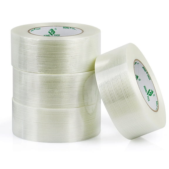 4Pack 5.5mil 2inch 60yards Reinforced Mono Filament Clear Strapping Tape, Fiberglass Packing Tape, BOMEI PACK