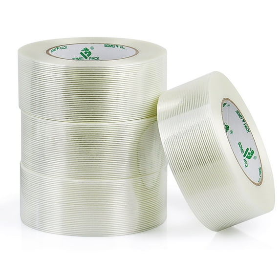 4Pack 5.5mil 2inch 60yards Reinforced Mono Filament Clear Strapping Tape, Fiberglass Packing Tape, BOMEI PACK