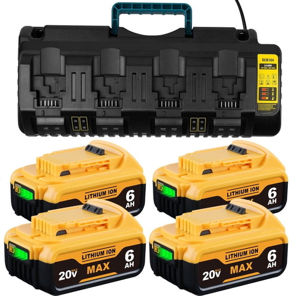 4Pack 6.0Ah 20 Volt Lithium ion DCB208 Battery and DCB104 Battery Charger Station Compatible with 20V Max Batteries DCB206 DCB203 DCB200 Cordless Power Tools