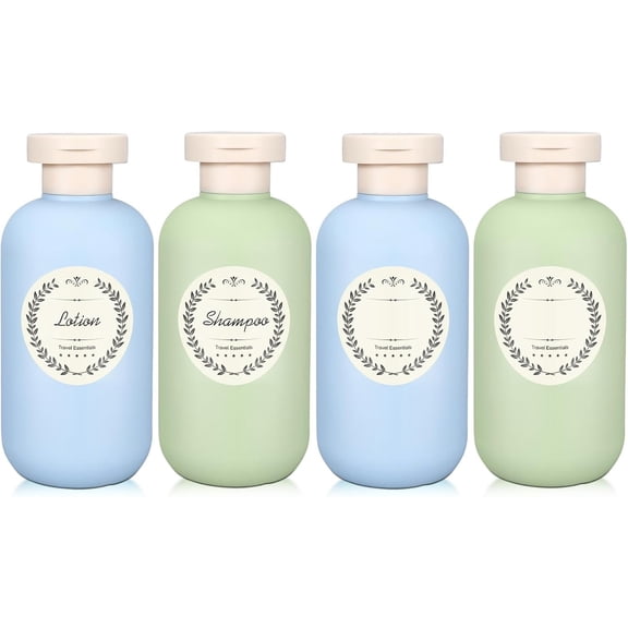4Pack 6.8oz Travel Shampoo Bottles with Labels, Refillable Travel Bottles, Flip Top Squeeze Bottles, Portable Plastic Toiletry Containers for Lotion, Conditioner & Wash(blue, green)
