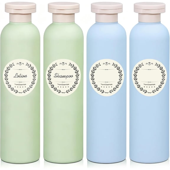4Pack 8.8oz Travel Shampoo Bottles with Labels, Refillable Travel Bottles, Flip Top Squeeze Bottles, Portable Plastic Toiletry Containers for Lotion, Conditioner & Wash(green, blue)
