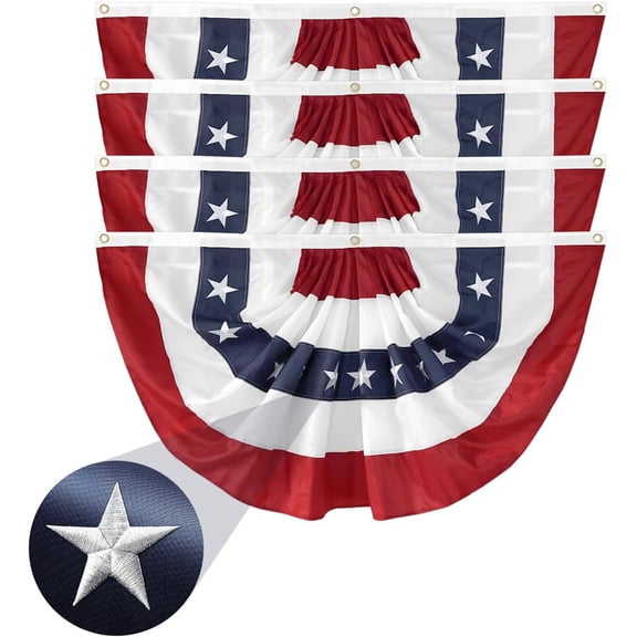 4Pack American Bunting Flags 2x4Ft USA Pleated Fan Flag 4th of July Patriotic Decorations Flag Embroidered Stars & Sewn Stripes Canvas Header Brass Grommets Decor Outside Porch Garden