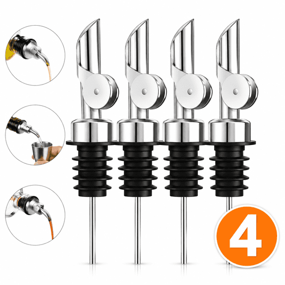 4Pack Auto Flip Liquor Pour Spout, Stainless Steel Olive Oil Dispenser Spout, Universal Bottle Pourers, Wine Pourer for Alcohol, Syrup, Home Bar & Kitchen Use, Silver