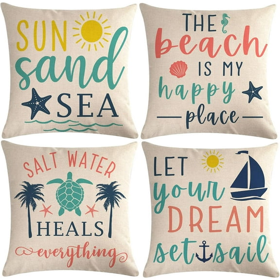 4Pack Beach Theme Pillow Covers Watercolor Costal Sea Turtle Cushion Covers Nautical & Ocean Style Quotes Summer Holiday Home Decorative Pillowcases 18" x 18" for Sofa Couch Porch