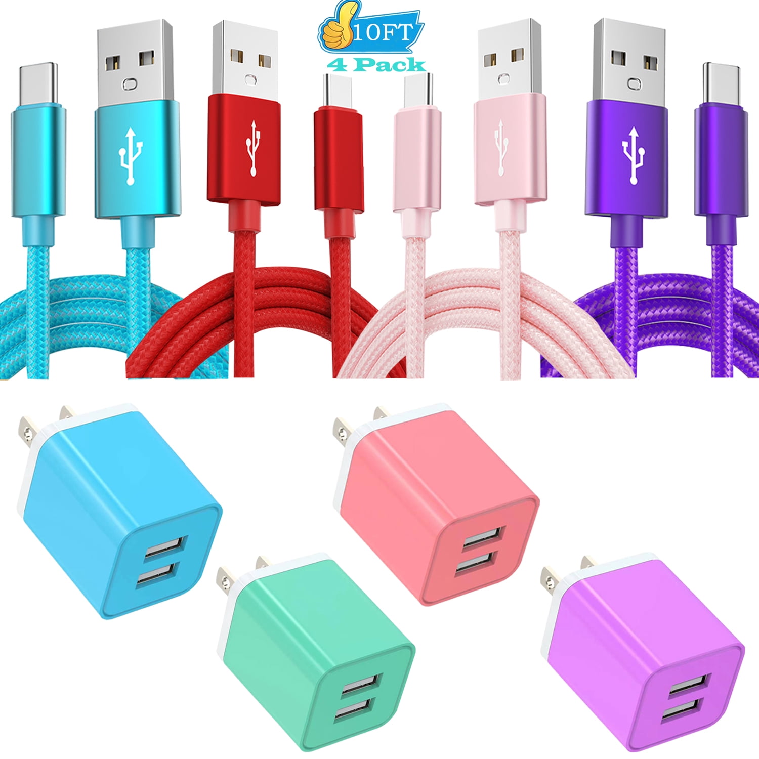 4Pack Charger Block,Type C Charger Fast Charging Cable 10 Feet AlmosTen High Speed Android Phone Charger Block Plug Adapter 2.4A Dual Port USB Wall Charger Block with(Type C Charger 10ft)