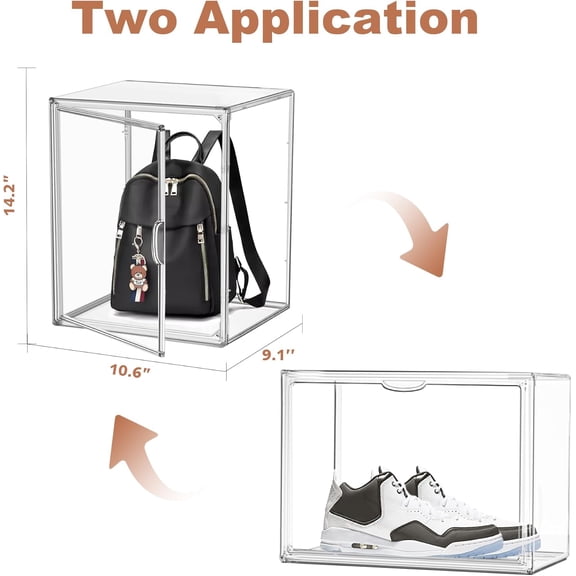 4Pack Clear Shoe Box Organizer, Acrylic Display Cases for Book Cosmetic Figures Collectibles Showcase, X-Large Bag Stackable Plastic Storage Bins with Magnetic Lid