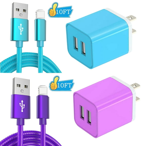 2Pack Compatible For iPhone Charger 10ft Cord Fast Charging,AlmosTen Nylon Braided 2.4A Dual Port Usb Wall Charger Block Adapter Compatible with iPhone Charger Cable 14/13/12/11/10 Pro Max XS XR
