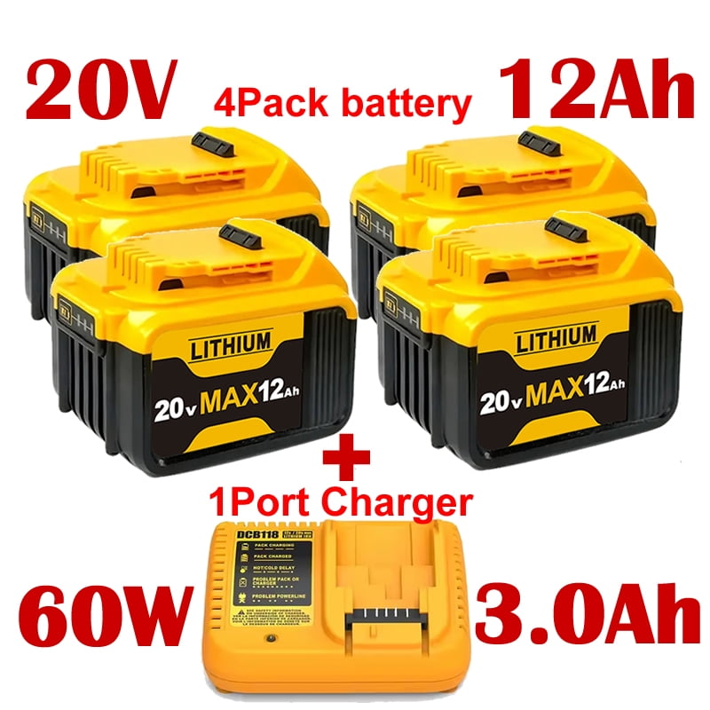 4Pack DCB200  12.0Ah Lithium Battery With charger Replacement for Dewalt 20V Battery Max XR Cordless Tools DCB180 DCB206  Wireless power tools lithium battery replacement