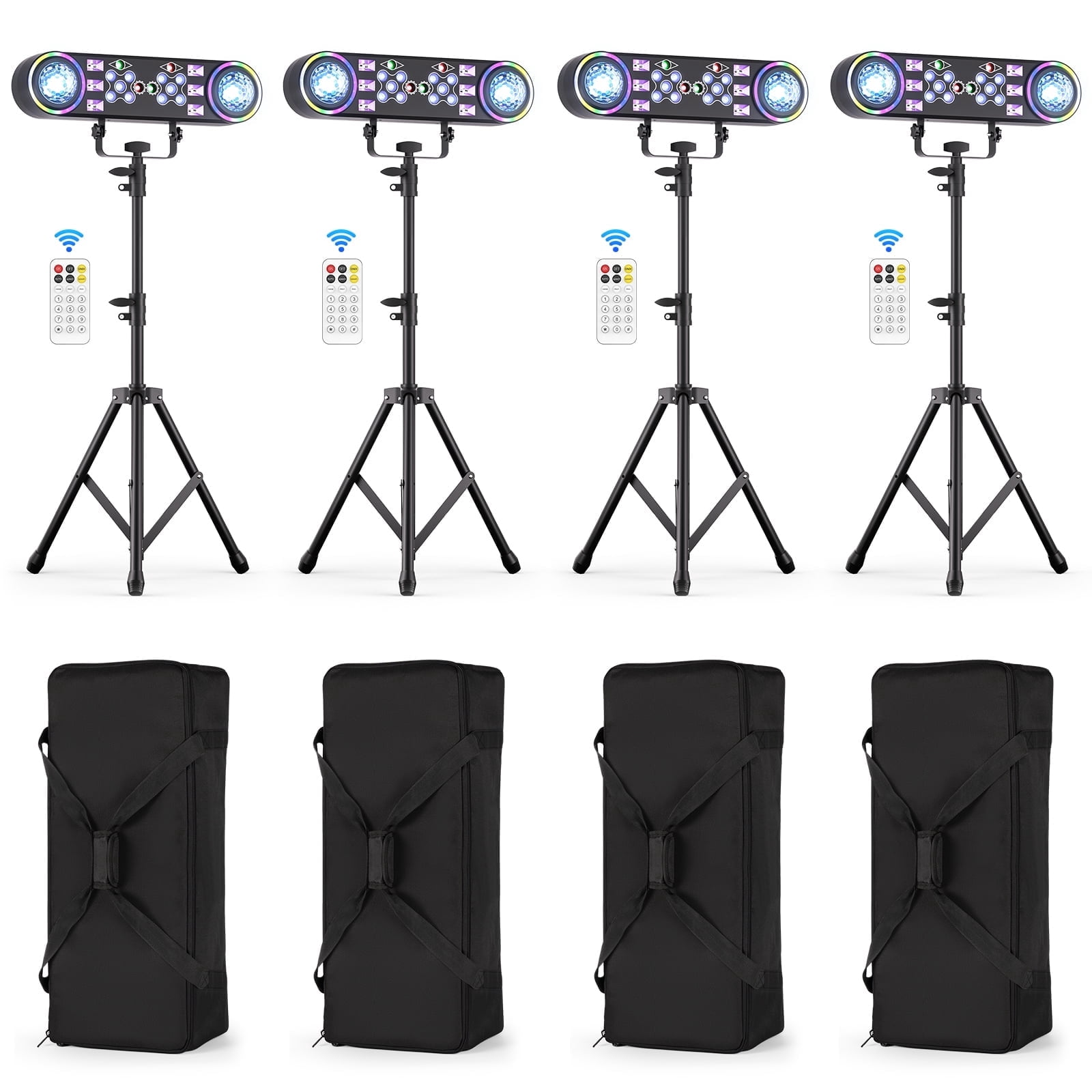 4Pack DJ Lights with Stand 7-in-1 LED DMX & Remote Professional Double Head Magic Ball Stage Light with Tripod Bag