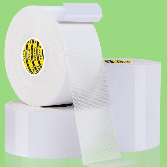 4Pack Double Sided Tape Heavy Duty, 2in x 66FT, Universal High Tack Strong Wall Adhesive with Fiberglass Mesh, Super Sticky Resistante Clear Tape, Easy Use Mounting Tape White