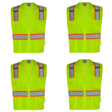 4Pack Everyday ANSI Class 2 Oxford Front Mesh Back 6 Pockets Zipper Vest (LIME)
