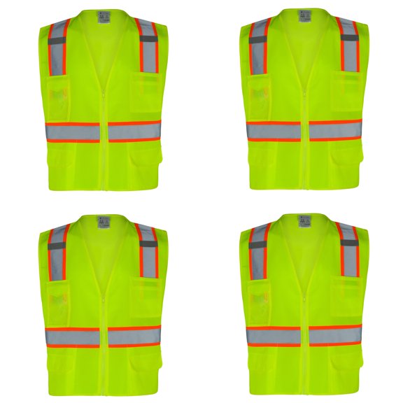 4Pack Everyday ANSI Class 2 Oxford Front Mesh Back 6 Pockets Zipper Vest (LIME)