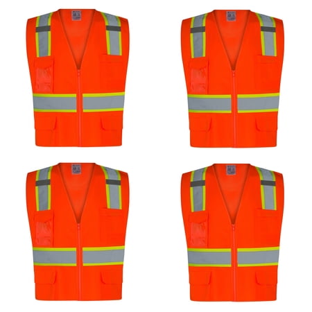 4Pack Everyday ANSI Class 2 Oxford Front Mesh Back 6 Pockets Zipper Vest (ORANGE)