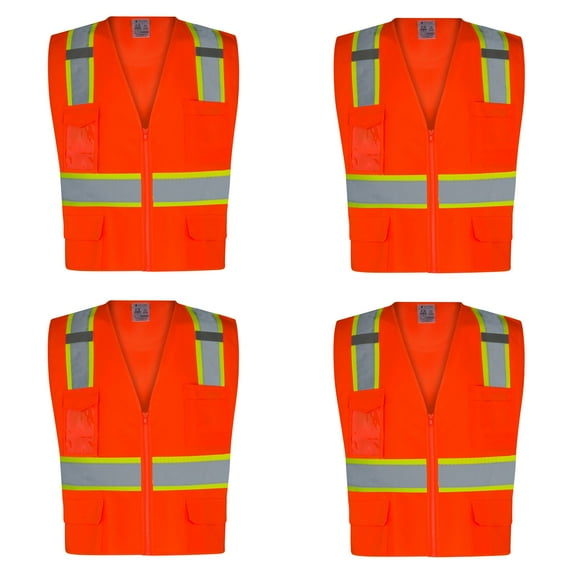 4Pack Everyday ANSI Class 2 Oxford Front Mesh Back 6 Pockets Zipper Vest (ORANGE)
