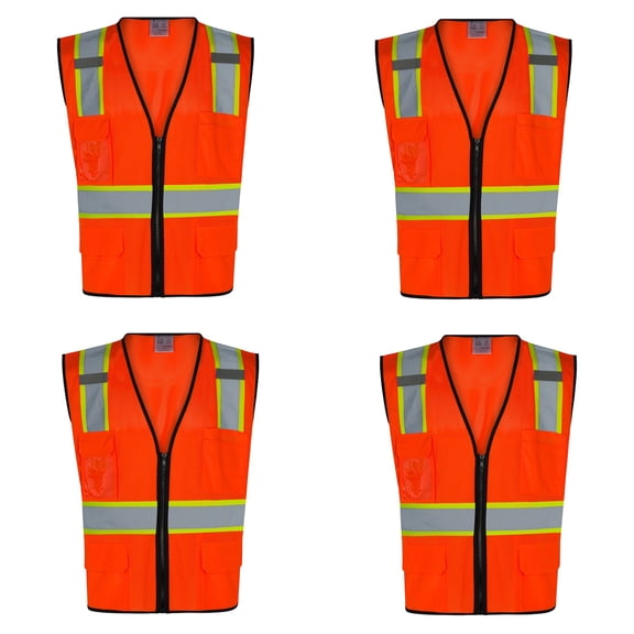 4Pack Everyday ANSI Class 2 with Contrast and Black Trim with 6 Pockets Zipper Vest (ORANGE)