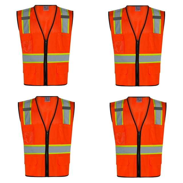 4Pack Everyday ANSI Class 2 with Contrast and Black Trim with 6 Pockets Zipper Vest (ORANGE)