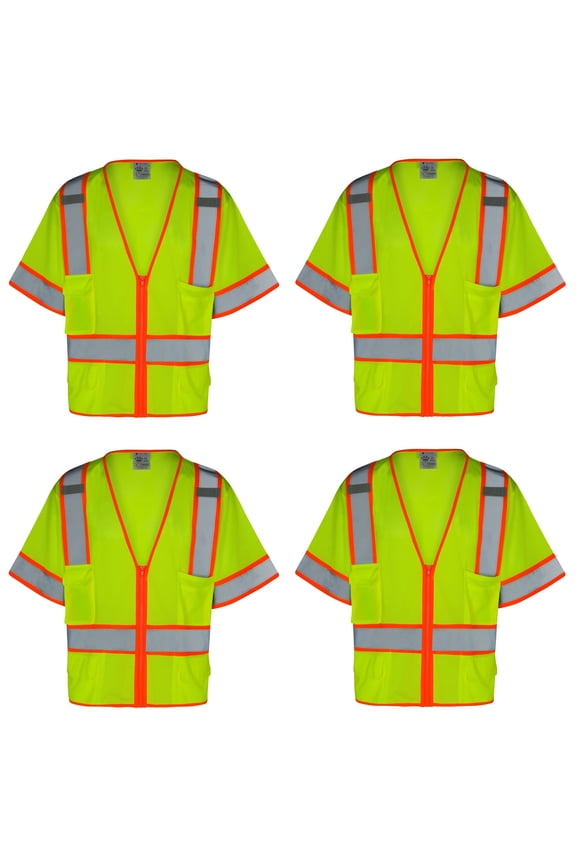 4Pack Everyday ANSI Class 3 with Contrast with 6 Pockets Short Sleeve Zipper Vest (LIME)