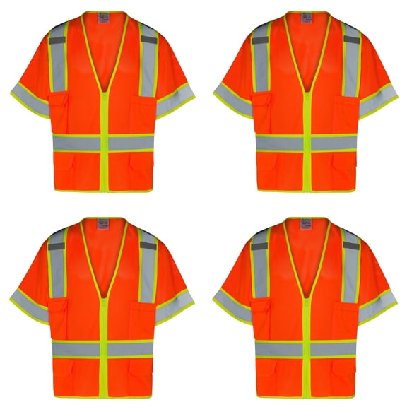4Pack Everyday ANSI Class 3 with Contrast with 6 Pockets Short Sleeve Zipper Vest (ORANGE)