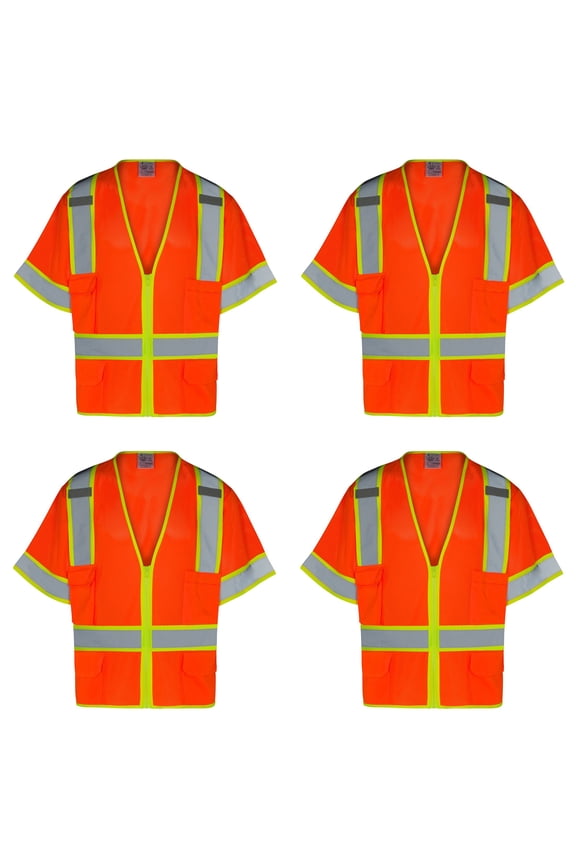 4Pack Everyday ANSI Class 3 with Contrast with 6 Pockets Short Sleeve Zipper Vest (ORANGE)