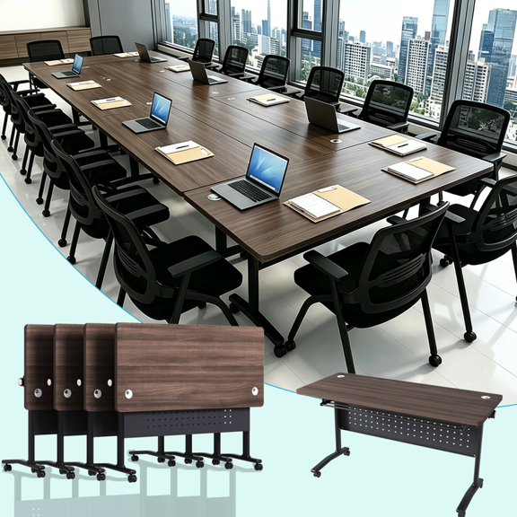 4Pack Folding Conference Table for 2-20 Person,47.3in Modular Training Table With Wheels for Office Classroom,WalnutA