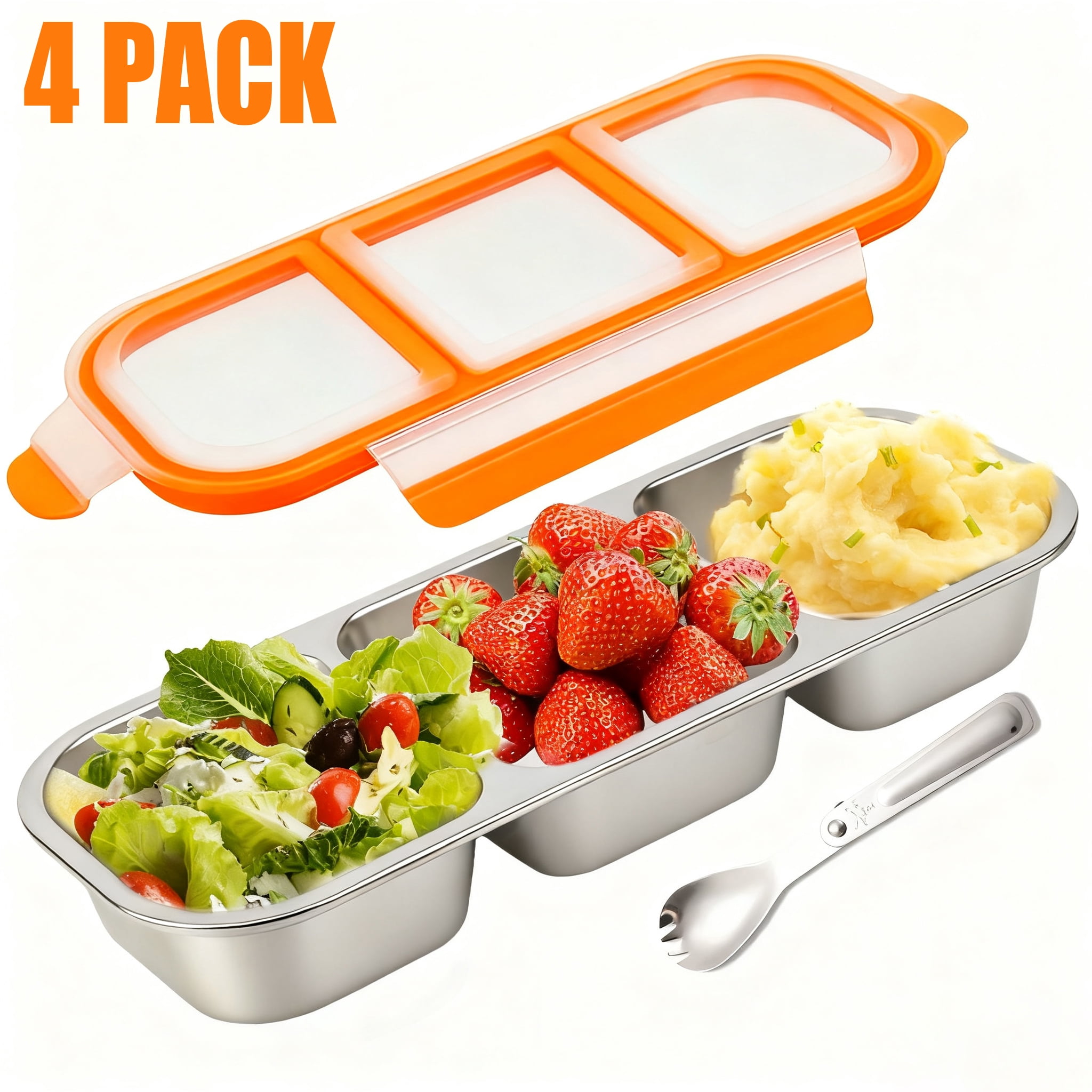 4Pack Food Storage Containers with Airtight Lid, Stainless Steel Snack Containers, Leak Proof Metal Lunchbox with Compartment and Spoon, Lunch Box Bento Box for Home ,Office,Travel, Meal Prep, Orange
