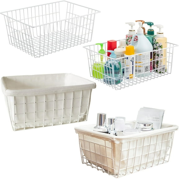 4Pack Freezer Storage Baskets, White Wire Storage Bins 14.2'' Large Bakset for Upright Freezer, Pantry, Bathroom Organizing - Extra 2 Liners