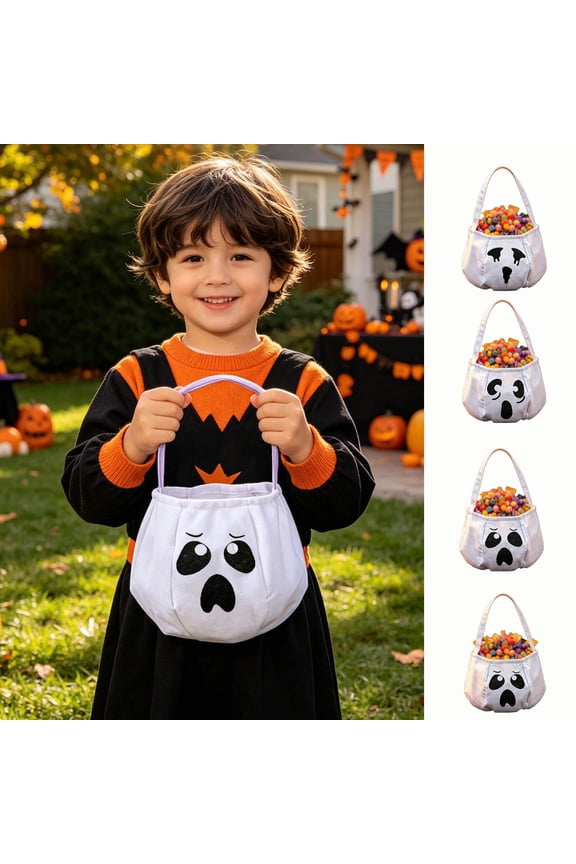 4Pack Ghostly Grin Candy HandBags for Kids LightWight Reuseable Eco Tote Bags Trick Or Treating