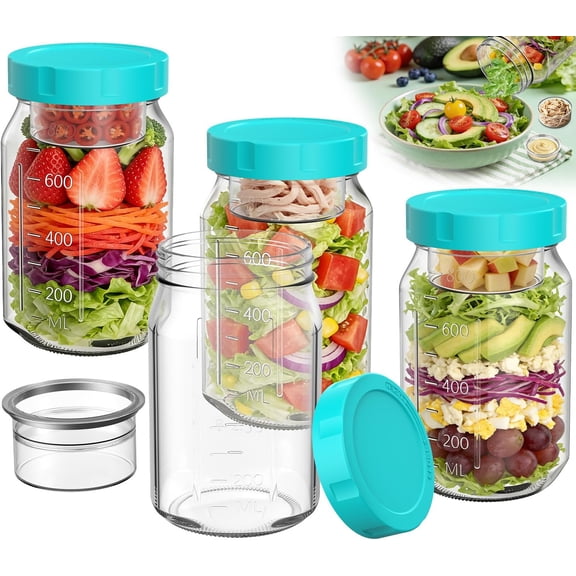 4Pack Glass Salad Jars with , 32oz Salads Mason Jars with Wet/Dry Separation Cup, Meal Prep Salad Containers for Lunch, Leakproof Wide Mouth Storage Containers, (Mint Green)