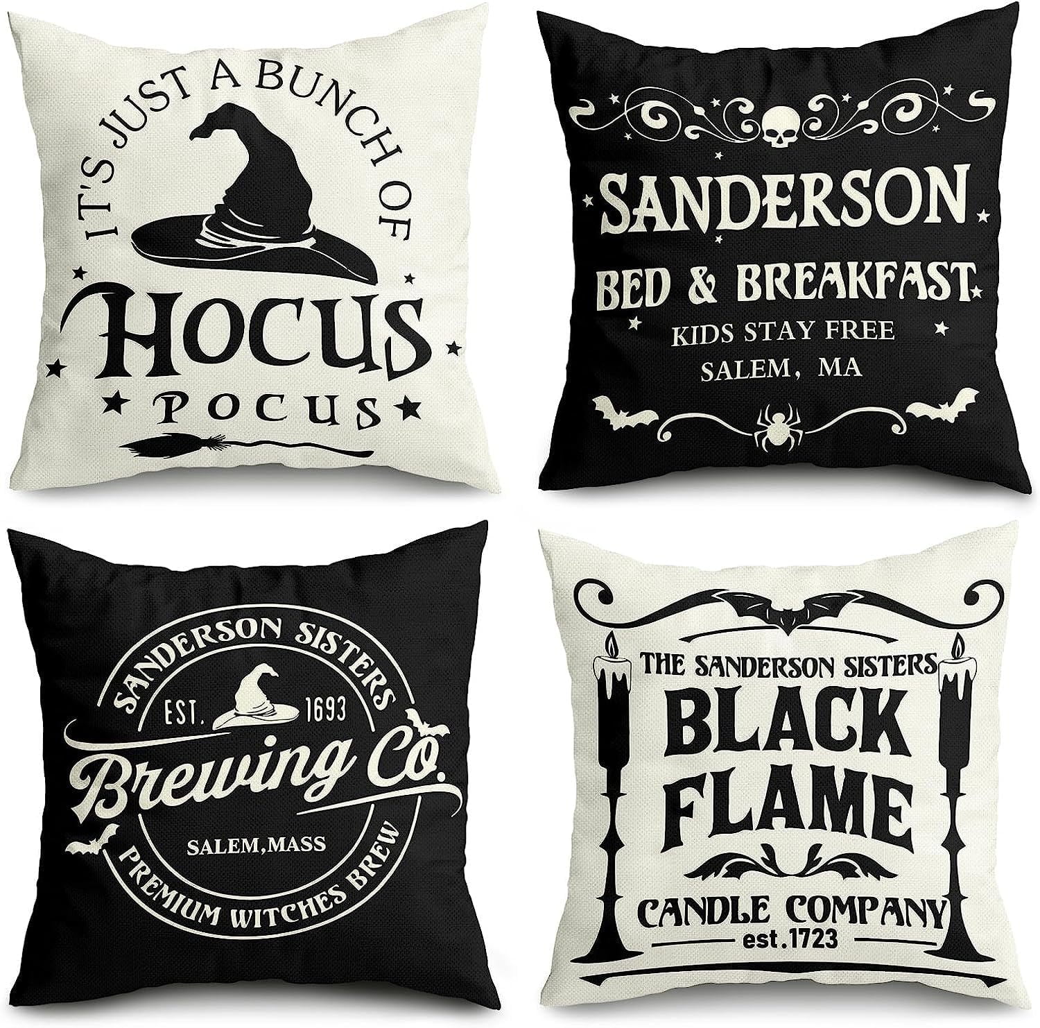 4Pack Halloween Pillow Covers 18x18", Halloween Decor Farmhouse Saying White Black Outdoor/Indoor Fall Pillow Pillows Decorative Cushion Cases for Home Sofa Couch Bed Chair