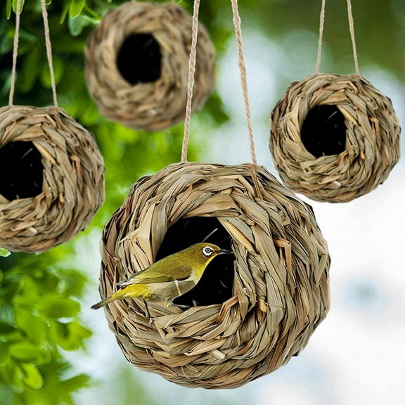 4Pack Hanging Bird Nest House for Outside,Hand Woven,Made Of Natural Grass for ,Balconies,Tree Trunks
