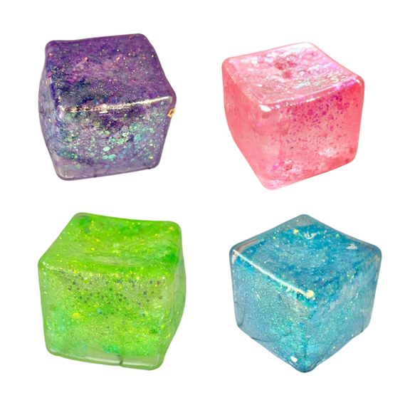 4Pack Ice Cube Squishies Toys for Adults, 2.09 Inch Glitter Slow Rise Fidget Cubes, Sensory Stress Relief Toys for Anxiety & Relaxation (Purple/Pink/Blue/Green, 4Pcs)