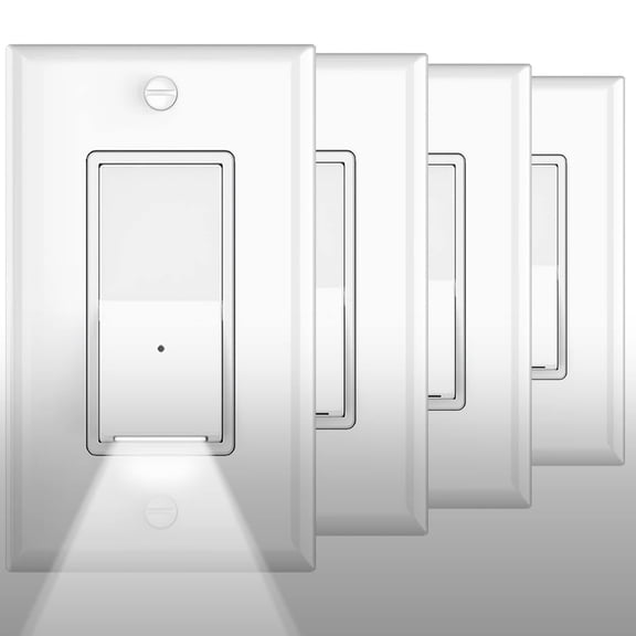 4Pack Illuminated Light Switch-Esay to Install,No Neutral Wire,Single-Pole Paddle Rocker Lightswitch with Night Light,15Amp 120/277Volt,Glossy White