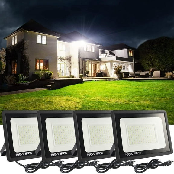 4Pack LED Flood Light Outdoor,100W Work 11000lmwith 6FT US Plug,IP66 Waterproof Exterior Security Lights,6000K Daylight White Outside Floodlights Slim Design for Playground Yard