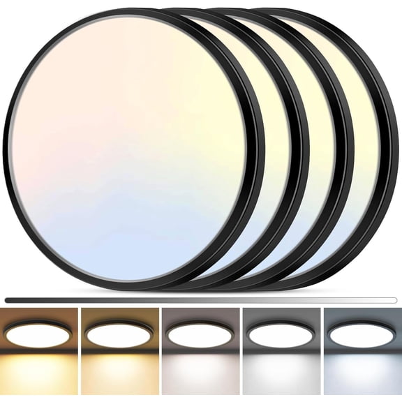 4Pack LED Flush Mount Ceiling Light, 12 Inch 24W Dimmable Round Ceiling Fixture, Black Low Profile Hardwired Ceiling Lamp for Bedroom, Kitchen, Hallway & Bathroom
