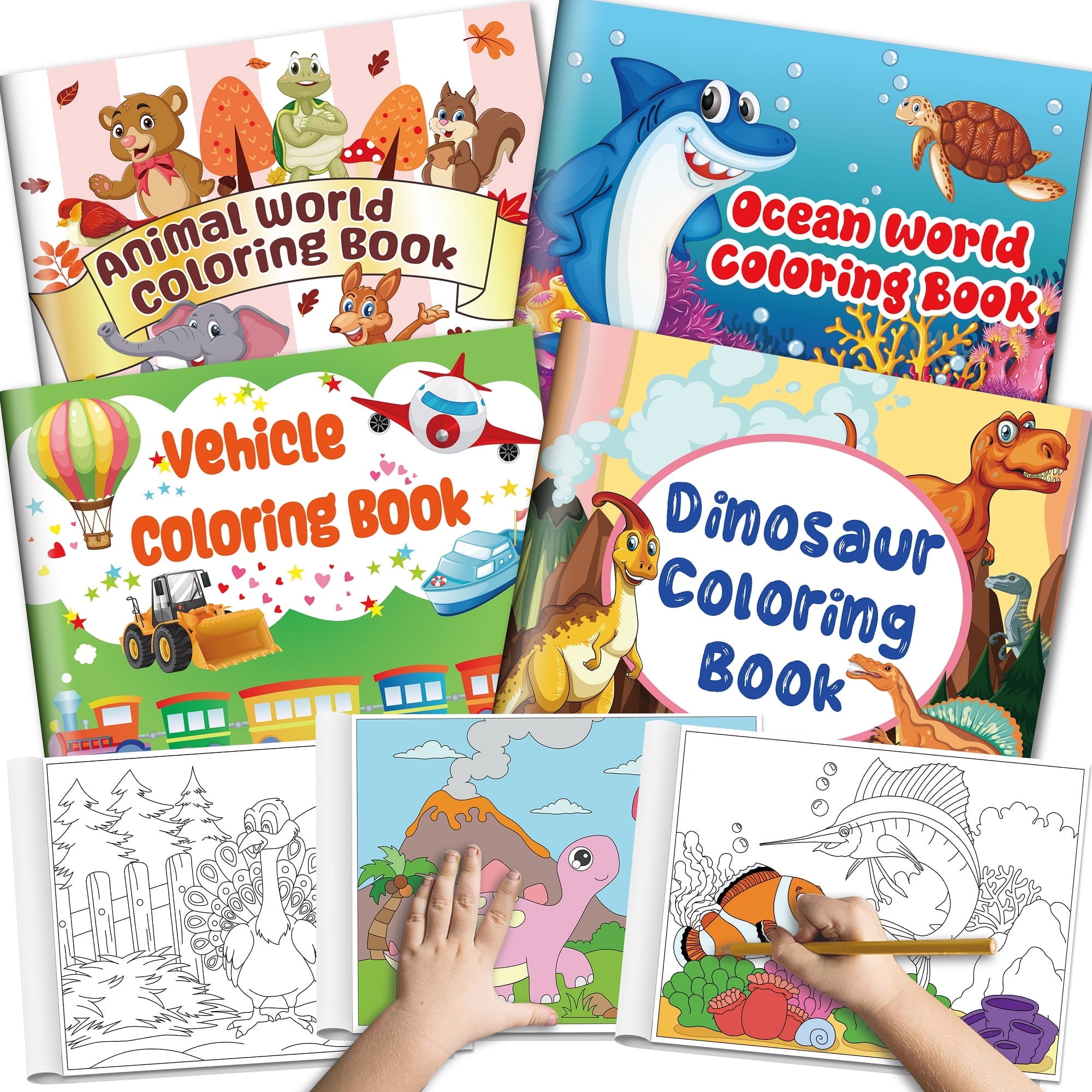 Kalysky 4-Pack Large Coloring Books for Kids, Dinosaur, Vehicle, Ocean, Animal