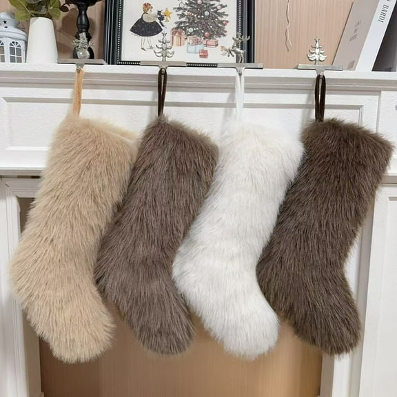 4Pack Large Neutral Colors Plush Faux Fur Christmas Stockings,Deluxe Grey Brown Black Christmas Stockings Hanging Ornaments Candy Gift Bags for Xmas Fireplace Holiday Decorations