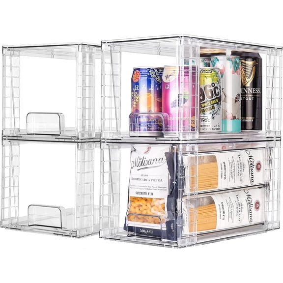 4Pack Large Stackable Kitchen Storage Drawers, Clear Foods Organizer Bins with Handles, Easily Assemble for Bathroom, Kitchen, Pantry, Cabinet, Closet(XL-Down Handle)