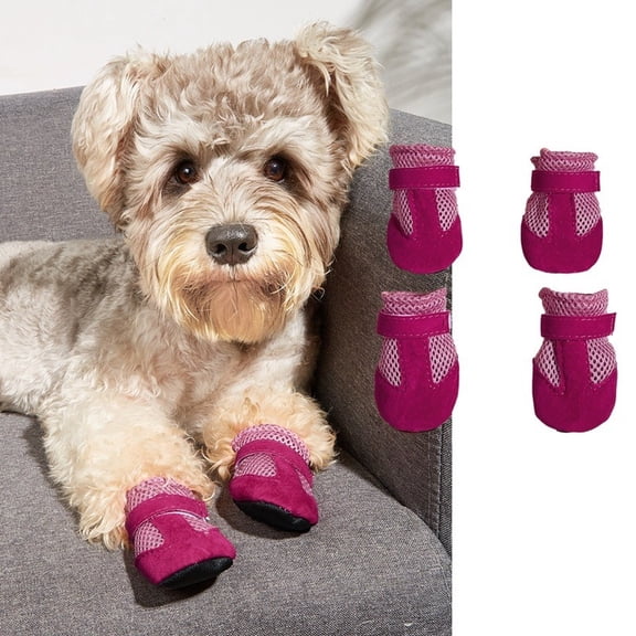 4Pack Mesh Dog Shoes Soft Pet Boots with Adjustable Straps, Summer Non-Slip Dog Shoes Breathable Dog Sandals with Rubber Sole
