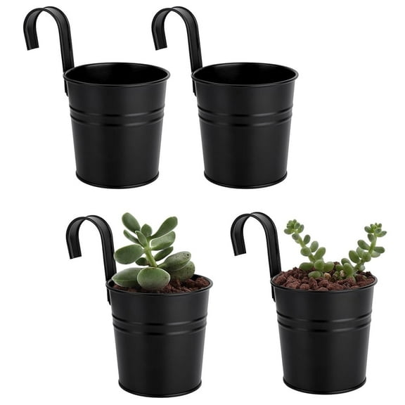 4Pack Metal Hanging Flower Pots,Iron Bucket Flower Holder with Detachable Hook,Black Railing Planter Bucket,for Outdoor Fence Balcony Garden Decoration 4Inch