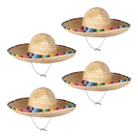 4Pack Mexican Straw Sombrero Hat, 18" Wide for Cinco de Mayo, Adult Mexican Serape Costume