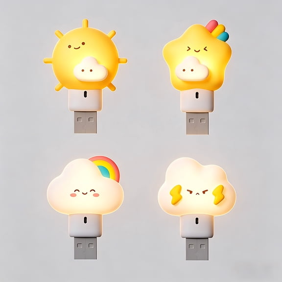 4Pack Mini USB Night Light, Weather Themed LED Portable Lamp, Sun Star Rainbow Lightning Cute Plug-in Nightlight for Bedroom Kids Room Dorm Camping Travel Nursery