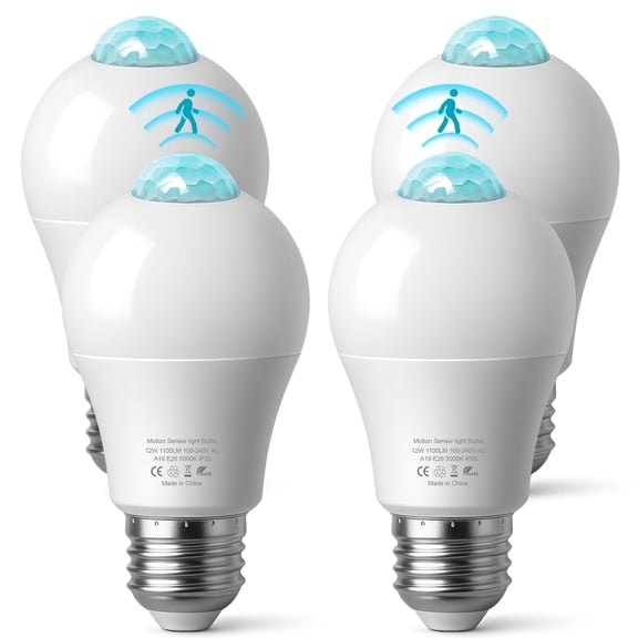 4Pack Motion Sensor LED Light Bulb, Motion Activated Dusk to Dawn Light Bulbs, 12W(100W Equivalent) E26/A19 Light Bulb for Outdoor/Indoor, Front, Porch, Garage, Basement, Hallway, Stairs